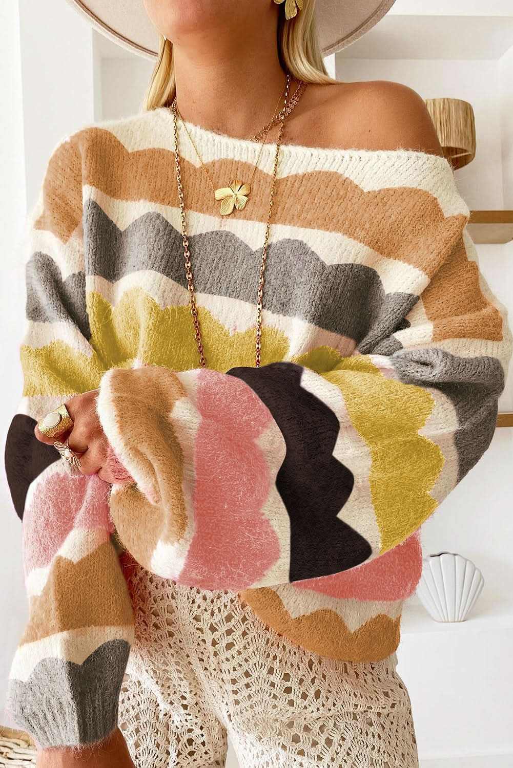 Chic yellow striped balloon sleeve sweater - Love Salve